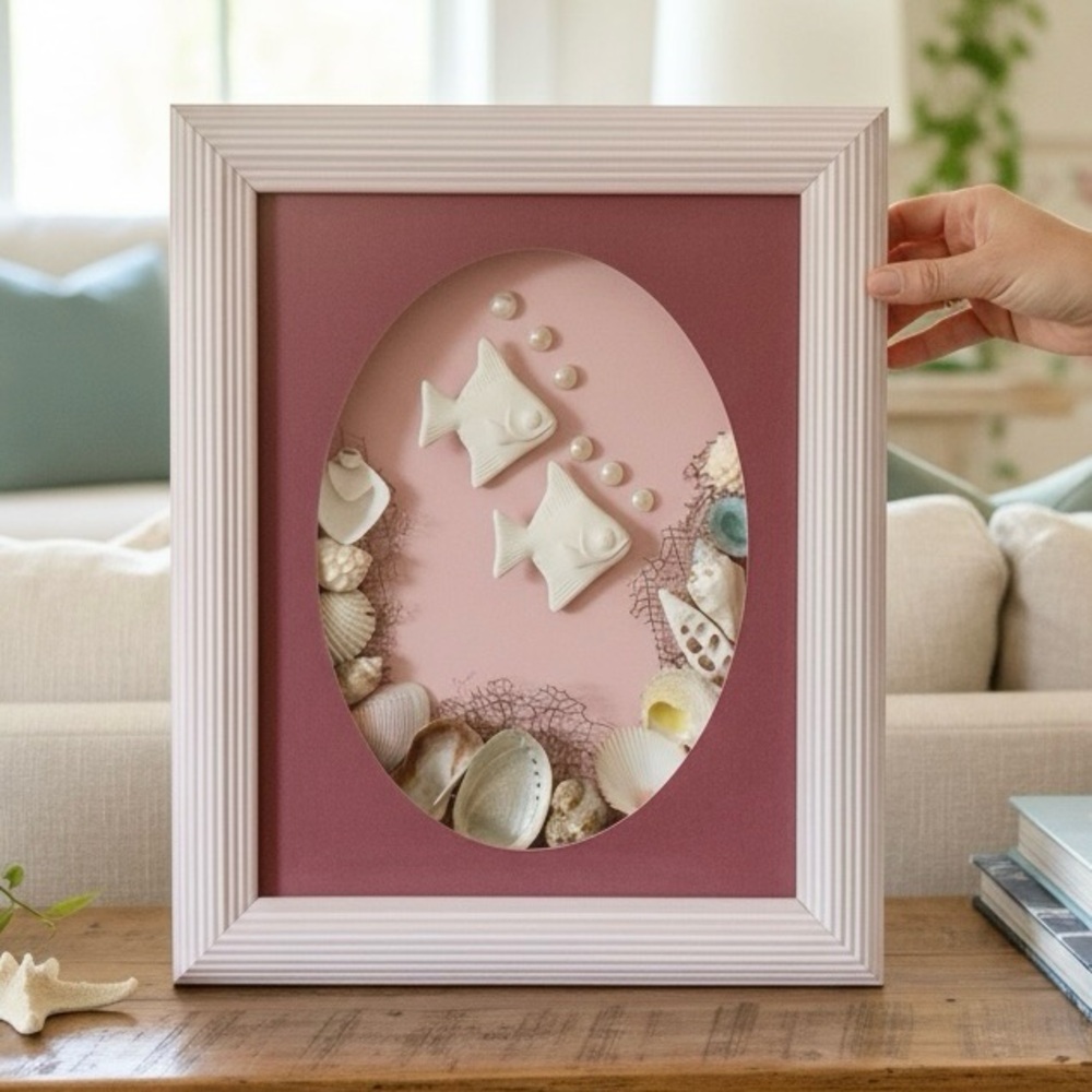 South Seas 3D Framed 10 X 12” Mauve Wall Hanging Fish and Shells